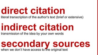 direct citationliteral transcription of the author's text (brief or extensive)
secondary sourceswhen we don’t have access to the original text
indirect citationtransmission of the idea by your own words
 