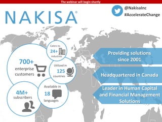 The webinar will begin shortly 
700+ 
enterprise 
customers 
4M+ 
subscribers 
Caters to 
24+ 
industries 
Utilized in 
125 
countries 
Available in 
18 
languages 
@NakisaInc 
#AccelerateChange 
Providing solutions 
since 2001 
Headquartered in Canada 
Leader in Human Capital 
and Financial Management 
Solutions 
 