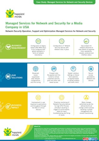 Managed Services for Network and Security for a Media
Company in USA
Network /Security Operation, Support and Optimization Managed Services for Network and Security
,
For more information visit www.happiestminds.com. Write to us at business@happiestminds.com
About Us
© Happiest Minds Proprietary
Happiest Minds has a sharp focus on enabling Digital Transformation for customers by delivering a Smart, Secure and Connected experience
through disruptive technologies: mobility, big data analytics, security, cloud computing, social computing, M2M/IoT, unified communications,
etc. Enterprises are embracing these technologies to implement Omni-channel strategies, manage structured & unstructured data and make real
time decisions based on actionable insights, while ensuring security for data and infrastructure. Happiest Minds also offers high degree of skills,
IPs and domain expertise across a set of focused areas that include IT Services, Product Engineering Services, Infrastructure Management,
Security, Testing and Consulting.
Headquartered in Bangalore, India, Happiest Minds has operations in the US, UK, Singapore and Australia. It secured a $52.5 million Series-A
funding led by Canaan Partners, Intel Capital and Ashok Soota.
BUSINESS
REQUIREMENT
Configuration of legacy
based LAN/ WAN setup
to be configured with
global standards in
terms of network
redundancy
Configuration of Network
Security devices with
relevant rules in place
Gap analysis for
network elements to
view details of response
time, availability,
reloads, protocols and
interface status
OUR
SOLUTIONS
Firewall rules
Re-applied and fine
tuned to remove
unwanted services,
ports and other user
based access
Speed/ interface
settings on Server
farm switches
re-applied based
on packet analysis
and traffic trend
Broadcast
issues
suppressed
with relevant
configurations
and fine tuning
Secure
access
provided to
Network and
devices
Proactive monitoring of
Network/ Security devices
for high CPU/ Process
utilization resulting in
trigger of critical events;
alerts for rapid
troubleshooting and fixing
of issues
Major changes
performed as per the
defined technical
change control process
resulting in proper
management and
smooth transitioning
Improvement in user
response to applications
and throughput through
the NOC of critical
devices
BUSINESS
IMPACT
Case Study: Managed Services for Network and Security Devices
 