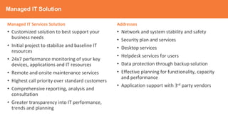 Managed IT Solution
Managed IT Services Solution
• Customized solution to best support your
business needs
• Initial project to stabilize and baseline IT
resources
• 24x7 performance monitoring of your key
devices, applications and IT resources
• Remote and onsite maintenance services
• Highest call priority over standard customers
• Comprehensive reporting, analysis and
consultation
• Greater transparency into IT performance,
trends and planning
Addresses
• Network and system stability and safety
• Security plan and services
• Desktop services
• Helpdesk services for users
• Data protection through backup solution
• Effective planning for functionality, capacity
and performance
• Application support with 3rd party vendors
 