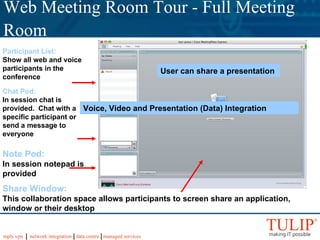 Web Meeting Room Tour - Full Meeting Room   Participant List:   Show all web and voice participants in the conference Chat Pod:   In session chat is provided.  Chat with a specific participant or send a message to everyone Note Pod:   In session notepad is provided Share Window:   This collaboration space allows participants to screen share an application, window or their desktop User can share a presentation Voice, Video and Presentation (Data) Integration 