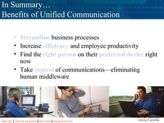 In Summary… Benefits of Unified Communication Streamline  business processes Increase  efficiency  and employee productivity  Find the  right person  on their  preferred device  right now Take  control  of communications—eliminating human middleware 