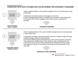 •  SELLER CENTRIC • * SUPPLY AGENDA • •  CONSUMER CENTRIC • * DEMAND AGENDA • 1. 2. These companies believe in the audience paradigm which can be expressed in three simple steps: Advertisers (companies) send out messages to consumers  These messages get (somehow, sometime) into consumers heads (awareness) Consumers act on these messages. Some of this results in conversion to purchase. These companies believe in the search and filter paradigm which can be expressed in three simple steps: Consumers are always searching for better value from a different range of choices at different stages of their consumer lifecycle.  Consumers shift through the information they come across (proactive & reactive) They keep the bits that help them in their search for value, and discard the rest. Consumers act on these on those retained bits of information that they find the most useful and relevant to their needs at act on them when appropriate to their need state.  AUDIENCE PARADIGM SEARCH & FILTER PARADIGM Characterising market development…. CONSISTENT WITH SUCH DYNAMICS WE CAN DETERMINE TWO DIVERGENT PARADIGMS  THE OLD SCHOOL THE NEW SCHOOL 