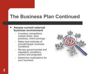 The Business Plan Continued Assess current external business environment Inventory competitors, market share, best practices, short-comings Make best estimate of provider/payer business conditions Review governmental and regulatory conditions, current and projected Determine implications for your business 