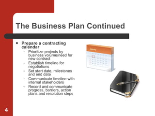 The Business Plan Continued Prepare a contracting calendar Prioritize projects by business volume/need for new contract Establish timeline for negotiations Set start date, milestones and end date Communicate timeline with internal stakeholders Record and communicate progress, barriers, action plans and resolution steps 