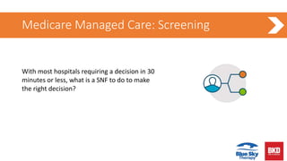 Medicare Managed Care: Screening
With most hospitals requiring a decision in 30
minutes or less, what is a SNF to do to make
the right decision?
 