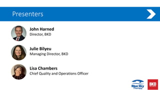 Presenters
John Harned
Director, BKD
Julie Bilyeu
Managing Director, BKD
Lisa Chambers
Chief Quality and Operations Officer
 