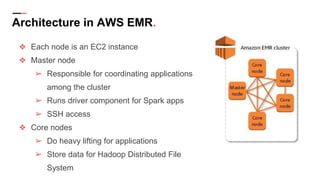 Architecture in AWS EMR.
❖ Each node is an EC2 instance
❖ Master node
➢ Responsible for coordinating applications
among the cluster
➢ Runs driver component for Spark apps
➢ SSH access
❖ Core nodes
➢ Do heavy lifting for applications
➢ Store data for Hadoop Distributed File
System
 