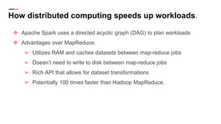 How distributed computing speeds up workloads.
❖ Apache Spark uses a directed acyclic graph (DAG) to plan workloads
❖ Advantages over MapReduce:
➢ Utilizes RAM and caches datasets between map-reduce jobs
➢ Doesn’t need to write to disk between map-reduce jobs
➢ Rich API that allows for dataset transformations
➢ Potentially 100 times faster than Hadoop MapReduce.
 
