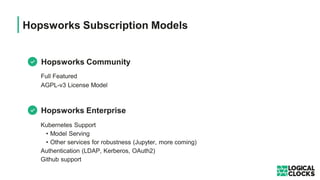 Hopsworks Subscription Models
Full Featured
AGPL-v3 License Model
Hopsworks Community
Kubernetes Support
• Model Serving
• Other services for robustness (Jupyter, more coming)
Authentication (LDAP, Kerberos, OAuth2)
Github support
Hopsworks Enterprise
 