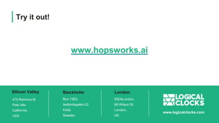 Try it out!
www.hopsworks.ai
Stockholm
Box 1263,
Isafjordsgatan 22
Kista,
Sweden
London
IDEALondon,
69 Wilson St,
London,,
UK
Silicon Valley
470 Ramona St
Palo Alto
California,
USA
www.logicalclocks.com
 
