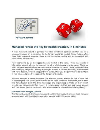 Forex-Factors



Managed Forex: the key to wealth creation, in 5 minutes
A forex managed account is perhaps your ideal investment solution, whether you are a
seasoned investor or a newcomer to the foreign exchange market. Forex-Factors offers
three forex managed accounts; these are of the highest quality and are conducted with
unsurpassed transparency.

Forex represents by far the biggest financial market in the world. There is a wealth of
information about it all over the internet, not all of which is easy to understand. There are
many different ways of gaining exposure to the forex market, which can be highly profitable
and also highly dangerous. Owning a managed account is just one approach, especially one
with Forex-Factors, who will safeguard your capital, show you the performance as it unfolds
in real-time, and protect you against the dangers and pitfalls.

With our managed accounts, investors (for whatever reason, whether for lack of time, lack
of knowledge or skill, or lack of inclination) do not trade currencies themselves, but in effect
hire Forex-Factors (with the time, knowledge and experience) to trade on their behalf.
Investors do not part with their money; it remains secure in their own segregated account
with their broker (and all the brokers with whom Forex-Factors deals are fully regulated).

Our Three Forex Managed Accounts
The Diamond Account, the Sapphire Account and the Ruby Account, are our three managed
accounts, each with its distinctive approach, summarized in this simple table:
 