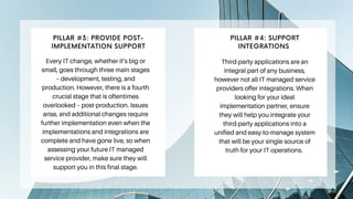 Every IT change, whether it’s big or
small, goes through three main stages
– development, testing, and
production. However, there is a fourth
crucial stage that is oftentimes
overlooked – post-production. Issues
arise, and additional changes require
further implementation even when the
implementations and integrations are
complete and have gone live, so when
assessing your future IT managed
service provider, make sure they will
support you in this final stage.
PILLAR #3: PROVIDE POST-
IMPLEMENTATION SUPPORT
Third-party applications are an
integral part of any business,
however not all IT managed service
providers offer integrations. When
looking for your ideal
implementation partner, ensure
they will help you integrate your
third-party applications into a
unified and easy-to-manage system
that will be your single source of
truth for your IT operations.
PILLAR #4: SUPPORT
INTEGRATIONS
 