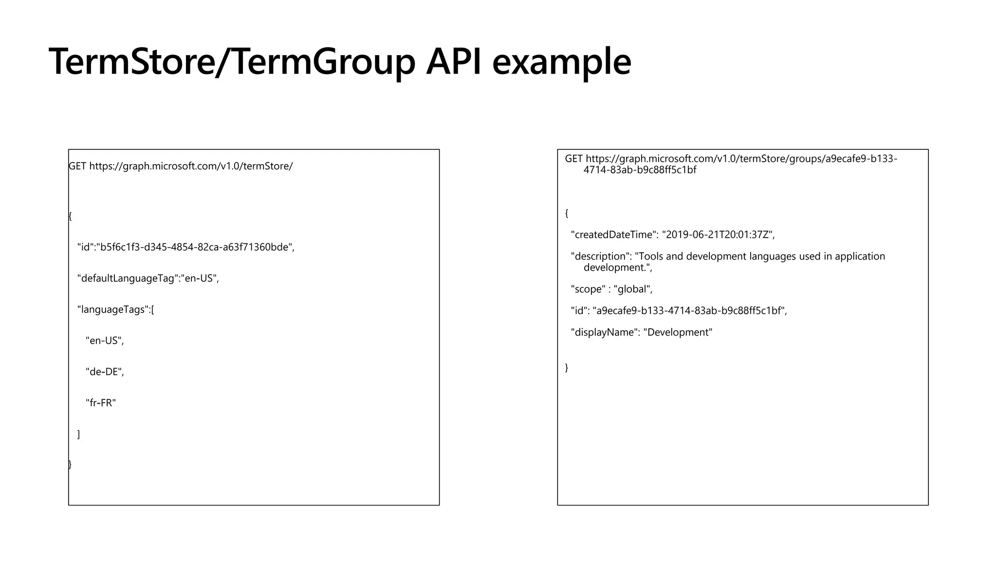 GET https://graph.microsoft.com/v1.0/termStore/groups/a9ecafe9-b133-
4714-83ab-b9c88ff5c1bf
{
"createdDateTime": "2019-06-21T20:01:37Z",
"description": "Tools and development languages used in application
development.",
"scope" : "global",
"id": "a9ecafe9-b133-4714-83ab-b9c88ff5c1bf",
"displayName": "Development"
}
 
