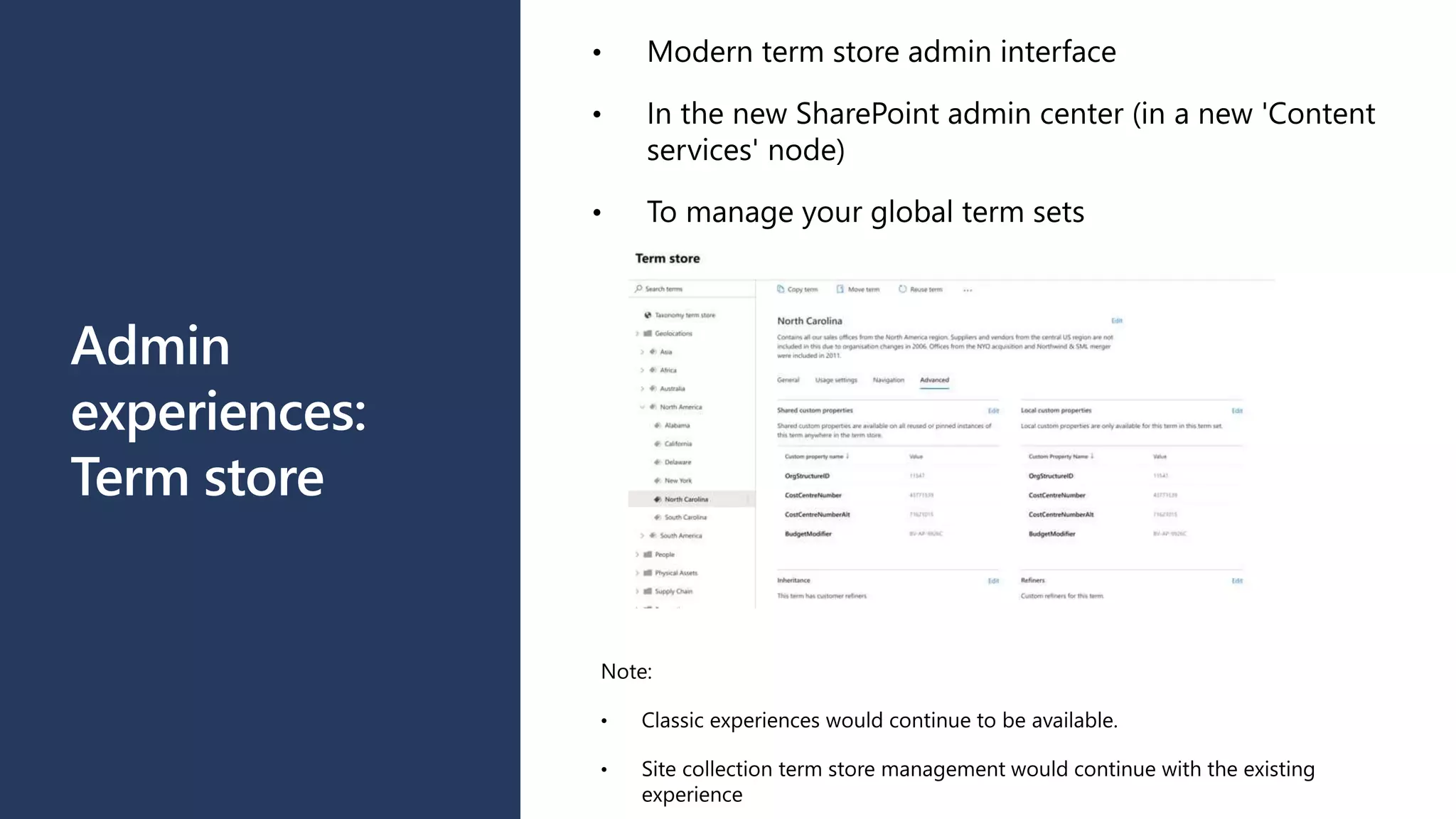 Admin
experiences:
Term store
 