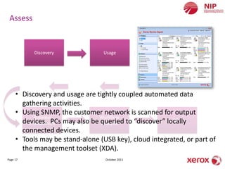 Assess


           Discovery              Usage                Mapping




     • Discovery and usage are tightly coupled automated data
       gathering activities.
     • Using SNMP, the customer network is scanned for output
           Business             Workflow
       devices. PCs may also be queried to “discover” locally
         Environment             Analysis
                                                        TCO

       connected devices.
     • Tools may be stand-alone (USB key), cloud integrated, or part of
       the management toolset (XDA).
Page 17                           October 2011
 