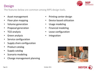 Design
 The features below are common among MPS design tools.

 •        Asset management              •     Printing center design
 •        Floor plan mapping            •     Device based utilization
 •        Volume generation             •     Usage modeling
 •        Proposal generation           •     Financial modeling
 •        TCO analysis                  •     Lease configuration
 •        Green analysis                •     Integration
 •        Service configuration
 •        Supply chain configuration
 •        Product catalog
 •        Supply catalog
 •        Scenario modeling
 •        Change management planning


Page 26                                October 2011
 