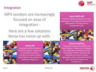 Integration
 MPS vendors are increasingly                                                  Xerox MPS-API
     focused on ease of                                              SOA API enabling developers to create
                                                                    applications that integrate with the Xerox
                                                                          MPS platform including device
        integration -                                                          management tools.


          Here are a few solutions
          Xerox has come up with.
                                                                              Xerox FreeFlow
                         Xerox EIP                                    Production automation platform for
                Extensible Interface Platform                        Xerox devices. Allows you to integrate
               for Xerox devices. Allows you                          your application seamlessly into the
                   to customize the device                             Automation Plarform based on the
                interface and system options                             workflow you have (i.e. photo
               specifically for any vertical (i.e.                   optimization, Press automation with an
                    healthcare, legal, etc.)                              MIS, real time job status and
                                                                                 tracking, etc.).


Page 37                                              October 2011
 