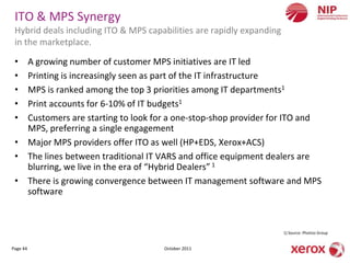 ITO & MPS Synergy
 Hybrid deals including ITO & MPS capabilities are rapidly expanding
 in the marketplace.

 • A growing number of customer MPS initiatives are IT led
 • Printing is increasingly seen as part of the IT infrastructure
 • MPS is ranked among the top 3 priorities among IT departments1
 • Print accounts for 6-10% of IT budgets1
 • Customers are starting to look for a one-stop-shop provider for ITO and
   MPS, preferring a single engagement
 • Major MPS providers offer ITO as well (HP+EDS, Xerox+ACS)
 • The lines between traditional IT VARS and office equipment dealers are
   blurring, we live in the era of “Hybrid Dealers” 1
 • There is growing convergence between IT management software and MPS
   software



                                                                       1) Source: Photizo Group


Page 44                               October 2011
 