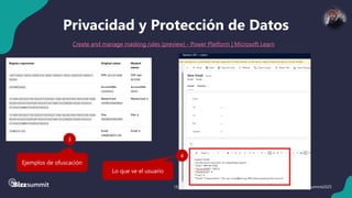 18 #BizzSummit2025
Privacidad y Protección de Datos
Create and manage masking rules (preview) - Power Platform | Microsoft Learn
Ejemplos de ofuscación
3
Lo que ve el usuario
4
 