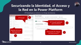 28 #BizzSummit2025
Securizando la Identidad, el Acceso y
la Red en la Power Platform
IP Firewall para un entorno o un Grupo de Entornos
Identity & Access
Management
1
IP Firewall habilitado
para el entorno
3
Direcciones IP o Rango
de Direcciones IP
4
IP Firewall 2
 