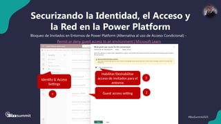 43 #BizzSummit2025
Securizando la Identidad, el Acceso y
la Red en la Power Platform
Bloqueo de Invitados en Entornos de Power Platform (Alternativa al uso de Acceso Condicional) -
Permit or deny guest access to an environment | Microsoft Learn
Identity & Access
Settings
1 Guest access setting 2
Habilitar/Deshabilitar
acceso de invitados para el
entorno
3
 