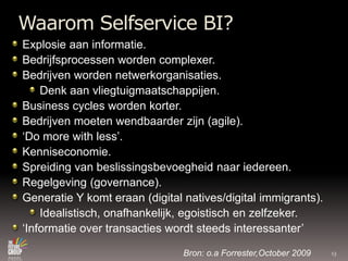 Waarom Selfservice BI?Explosieaaninformatie.Bedrijfsprocessenwordencomplexer.Bedrijvenwordennetwerkorganisaties.Denkaanvliegtuigmaatschappijen.Business cycles wordenkorter.Bedrijvenmoetenwendbaarderzijn (agile).‘Do more with less’.Kenniseconomie.Spreiding van beslissingsbevoegheidnaariedereen.Regelgeving (governance).Generatie Y komteraan (digital natives/digital immigrants).Idealistisch, onafhankelijk, egoistisch en zelfzeker.‘Informatie over transactieswordt steeds interessanter’Bron: o.aForrester,October 200913