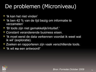 De problemen (Microniveau) ‘Ikkan het nietvinden’‘Ik ben 42 % van de tijdbezigominformatieteverzamelen’‘BI tools zijnnietgemakkelijk/intuitief.’Constant veranderende business eisen.‘Ikmoeteerst de data verkennenvoordatikweetwatikwil’ (exploratie).Zoeken en rapporterenzijnvaakverschillende tools.‘Ikwilnueenantwoord!’Bron: Forrester,October 200914