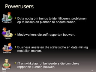 PowerusersData nodigom trends teidentificeren, problemen op telossen en plannenteondersteunen.Medewerkers die zelfrapportenbouwen.Business analisten die statistische en data mining modellenmaken.IT ontwikkelaar of beheerders die complexerapportenkunnenbouwen.Business AnalistSuperuserModel analistBI Developer22