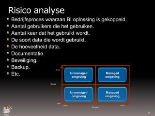 Risico analyseBedrijfsproceswaaraan BI oplossing is gekoppeld.Aantalgebruikers die het gebruiken.Aantalkeerdat het gebruiktwordt.De soort data die wordtgebruikt.De hoeveelheid data.Documentatie.Beveiliging.Backup.Etc.Managed omgevingUnmanaged omgevingGrootKansUnmanaged omgevingManaged omgevingKleinKleinGrootImpact27