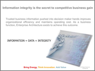 All Rights Reserved.
Confidential.
Bring Energy, Think Innovation, Add Value
Information integrity is the secret to competitive business gain
Trusted business information pushed into decision maker hands improves
organizational efficiency and maintains operating cost. As a business
function, Enterprise Architecture exists to achieve this outcome.
INFORMATION = DATA + INTEGRITY
 