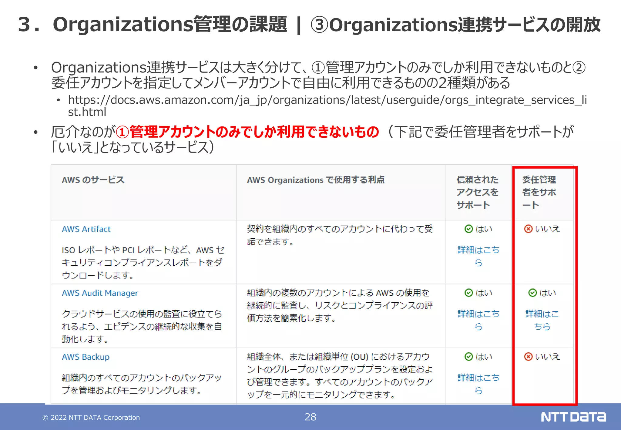 © 2022 NTT DATA Corporation 28
３．Organizations管理の課題 | ③Organizations連携サービスの開放
• Organizations連携サービスは大きく分けて、①管理アカウントのみでしか利用できないものと②
委任アカウントを指定してメンバーアカウントで自由に利用できるものの2種類がある
• https://docs.aws.amazon.com/ja_jp/organizations/latest/userguide/orgs_integrate_services_li
st.html
• 厄介なのが①管理アカウントのみでしか利用できないもの（下記で委任管理者をサポートが
「いいえ」となっているサービス）
 