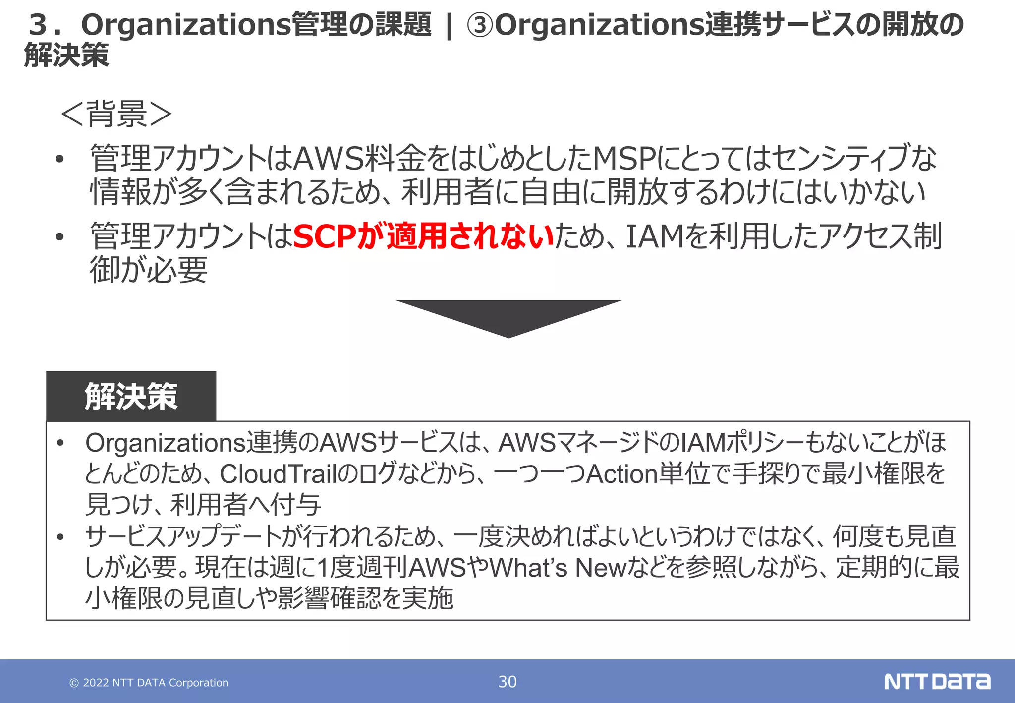 © 2022 NTT DATA Corporation 30
３．Organizations管理の課題 | ③Organizations連携サービスの開放の
解決策
＜背景＞
• 管理アカウントはAWS料金をはじめとしたMSPにとってはセンシティブな
情報が多く含まれるため、利用者に自由に開放するわけにはいかない
• 管理アカウントはSCPが適用されないため、IAMを利用したアクセス制
御が必要
• Organizations連携のAWSサービスは、AWSマネージドのIAMポリシーもないことがほ
とんどのため、CloudTrailのログなどから、一つ一つAction単位で手探りで最小権限を
見つけ、利用者へ付与
• サービスアップデートが行われるため、一度決めればよいというわけではなく、何度も見直
しが必要。現在は週に1度週刊AWSやWhat’s Newなどを参照しながら、定期的に最
小権限の見直しや影響確認を実施
解決策
 