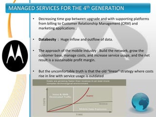 MANAGED SERVICES FOR THE 4th GENERATION
        •   Decreasing time gap between upgrade and with supporting platforms
            from billing to Customer Relationship Management (CRM) and
            marketing applications .

        •   Databesity : Huge inflow and outflow of data.

        •   The approach of the mobile industry : Build the network, grow the
            customer base, manage costs, and increase service usage, and the net
            result is a sustainable profit margin.

        •   But the uncomfortable truth is that the old “linear” strategy where costs
            rise in line with service usage is outdated

        •   Challenge demands change
 
