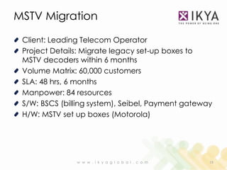 MSTV Migration

 Client: Leading Telecom Operator
 Project Details: Migrate legacy set-up boxes to
 MSTV decoders within 6 months
 Volume Matrix: 60,000 customers
 SLA: 48 hrs, 6 months
 Manpower: 84 resources
 S/W: BSCS (billing system), Seibel, Payment gateway
 H/W: MSTV set up boxes (Motorola)




               w w w . i k y a g l o b a l . c o m   18
 