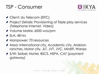TSP - Consumer

 Client: du Telecom (EITC)
 Project Details: Provisioning of Triple play services
 (Telephone Internet, Video)
 Volume Matrix: 6000 wos/pm
 SLA: 48 hrs
 Manpower: 70 resources
 Area: International city, Academic city, Arabian
 ranches, Motor city, JLT, JVT, JVC, Mirdiff, Warqa
 S/W: Seibel, Nortel, BSCS, HSPA, CAT (payment
 gateway)


                 w w w . i k y a g l o b a l . c o m     23
 