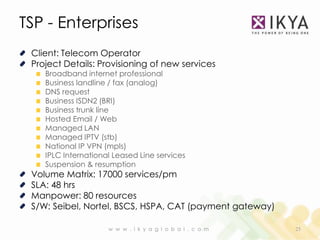 TSP - Enterprises
 Client: Telecom Operator
 Project Details: Provisioning of new services
    Broadband internet professional
    Business landline / fax (analog)
    DNS request
    Business ISDN2 (BRI)
    Business trunk line
    Hosted Email / Web
    Managed LAN
    Managed IPTV (stb)
    National IP VPN (mpls)
    IPLC International Leased Line services
    Suspension & resumption
 Volume Matrix: 17000 services/pm
 SLA: 48 hrs
 Manpower: 80 resources
 S/W: Seibel, Nortel, BSCS, HSPA, CAT (payment gateway)

                     w w w . i k y a g l o b a l . c o m   25
 