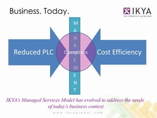 Business. Today.
                               M
                               A
                               N
                               A
   Reduced PLC              Operations
                               G                    Cost Efficiency
                               E
                               M
                               E
                               N
                               T
IKYA’s Managed Services Model has evolved to address the needs
                 of today’s business context
                     w w w . i k y a g l o b a l . c o m              3
 