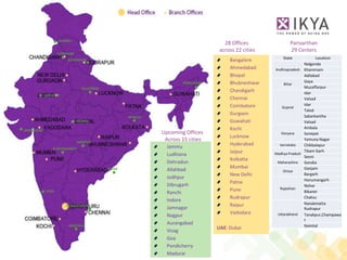 JAMMU
                                                                                  28 Offices              Parivarthan
                                                                                across 22 cities          29 Centers
                  LUDHIANA
                                                                                                       State            Location
                      DEHRADUN                                                      Bangalore
                                                                                                                  Nalgonda
                                                                                    Ahmedabad      Andhrapradesh Khammam
                                                                                    Bhopal                        Adilabad
                                                                   DIBRUGARH        Bhubneshwar                   Gaya
                                                                                                       Bihar
                               ALLAHBAD                                                                           Muzaffarpur
                                                                                    Chandigarh                    Idar
           JODHPUR
                                                                                    Chennai                       Valsad
                                                                                    Coimbatore                    Idar
                                                                                                      Gujarat
                                                                                                                  Talod
                                                                                    Gurgaon                       Sabarkantha
                                                  RANCHI
                             INDORE                                                 Guwahati                      Valsad
                                                                                    Kochi                         Ambala
JAMNAGAR
                                                           Upcoming Offices                           Haryana     Sonepat
                                                                                    Lucknow
                             NAGPUR
                                                            Across 15 cities                                      Yamuna Nagar
                                                                                    Hyderabad        karnataka    Chikbalapur
              AURANGABAD                                     Jammu
                                                                                    Jaipur                        Tikam Garh
                                                             Ludhiana                              Madhya Pradesh
                                                                                                                  Seoni
                                                                                    Kolkatta
                                                             Dehradun                               Maharashtra   Gondia
                                          VIZAG                                     Mumbai                        Ganjam
                                                             Allahbad                                  Orissa
                                                                                    New Delhi                     Bargarh
                                                             Jodhpur                                              Hanumangarh
                                                                                    Patna
                                                             Dibrugarh                                            Nohar
                                                                                    Pune             Rajasthan
            GOA                                              Ranchi                                               Bikaner
                                                                                    Rudrapur                      Chaksu
                                                             Indore
                                                                                    Raipur                        Nanakmatta
                      PONDICHERRY
                                                             Jamnagar                                             Rudrapur
                                                                                    Vadodara        Uttarakhand   Tanakpur,Champawa
                                                             Nagpur
                                                                                                                  t
                       MADURAI
                                                             Aurangabad                                           Nainital
                                                                               UAE: Dubai
                                                             Vizag
                                                             Goa
                                                                                                           `
                                                             Pondicherry
                                                             Madurai
 