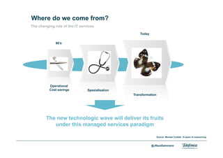 Where do we come from?
    The changing role of the IT services

                                                         Today

                   80’s




                Operational
                Cost savings        Spesialisation
                                                     Transformation




               The new technologic wave will deliver its fruits
                  under this managed services paradigm

                                                                      Source: Michael Corbett, 10 years of outsourcing


Area                                                             @JRaulZamorano
Company name
 