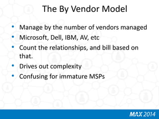 The By Vendor Model 
• Manage by the number of vendors managed 
• Microsoft, Dell, IBM, AV, etc 
• Count the relationships...