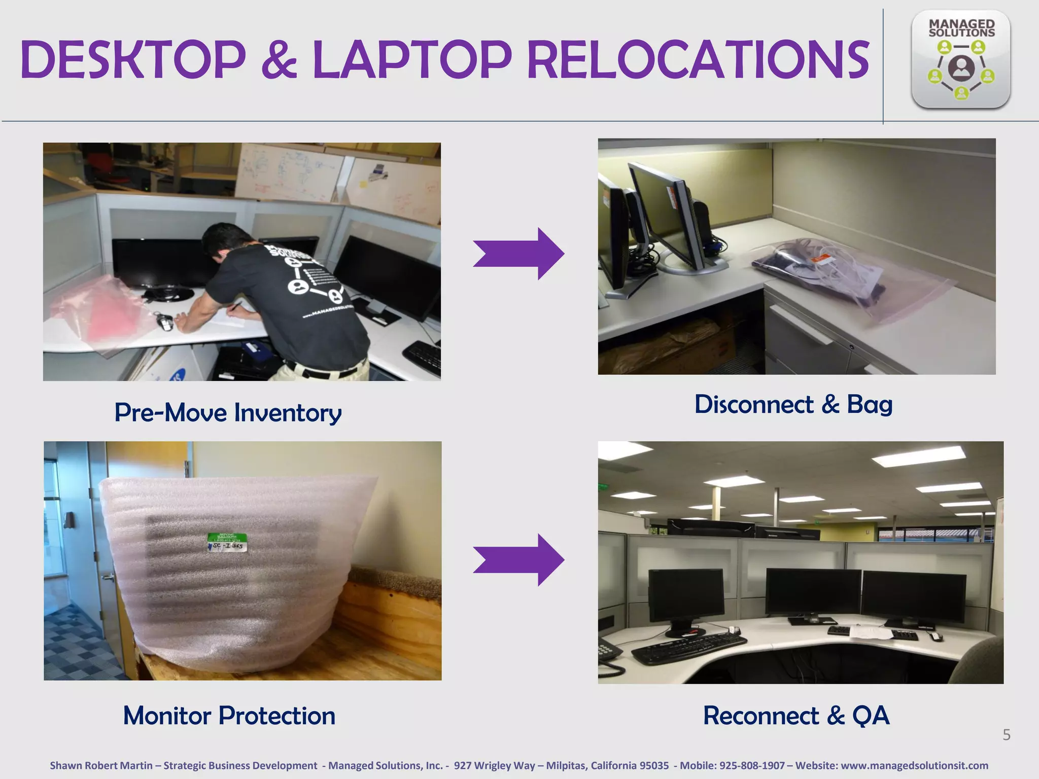 DESKTOP & LAPTOP RELOCATIONS




             Pre-Move Inventory                                                                                                 Disconnect & Bag




               Monitor Protection                                                                                                 Reconnect & QA
                                                                                                                                                                                              5
 Shawn Robert Martin – Strategic Business Development - Managed Solutions, Inc. - 927 Wrigley Way – Milpitas, California 95035 - Mobile: 925-808-1907 – Website: www.managedsolutionsit.com
 