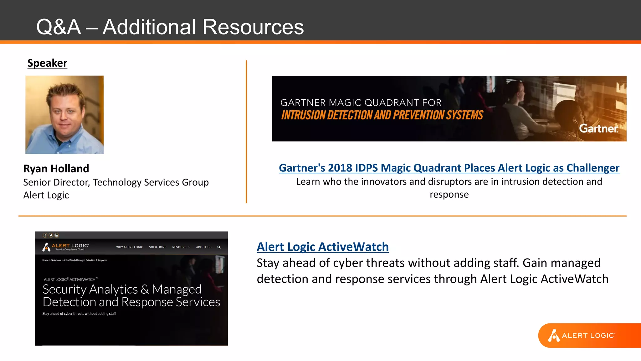 Q&A – Additional Resources
Ryan Holland
Senior Director, Technology Services Group
Alert Logic
Speaker
Alert Logic ActiveWatch
Stay ahead of cyber threats without adding staff. Gain managed
detection and response services through Alert Logic ActiveWatch
Gartner's 2018 IDPS Magic Quadrant Places Alert Logic as Challenger
Learn who the innovators and disruptors are in intrusion detection and
response
 