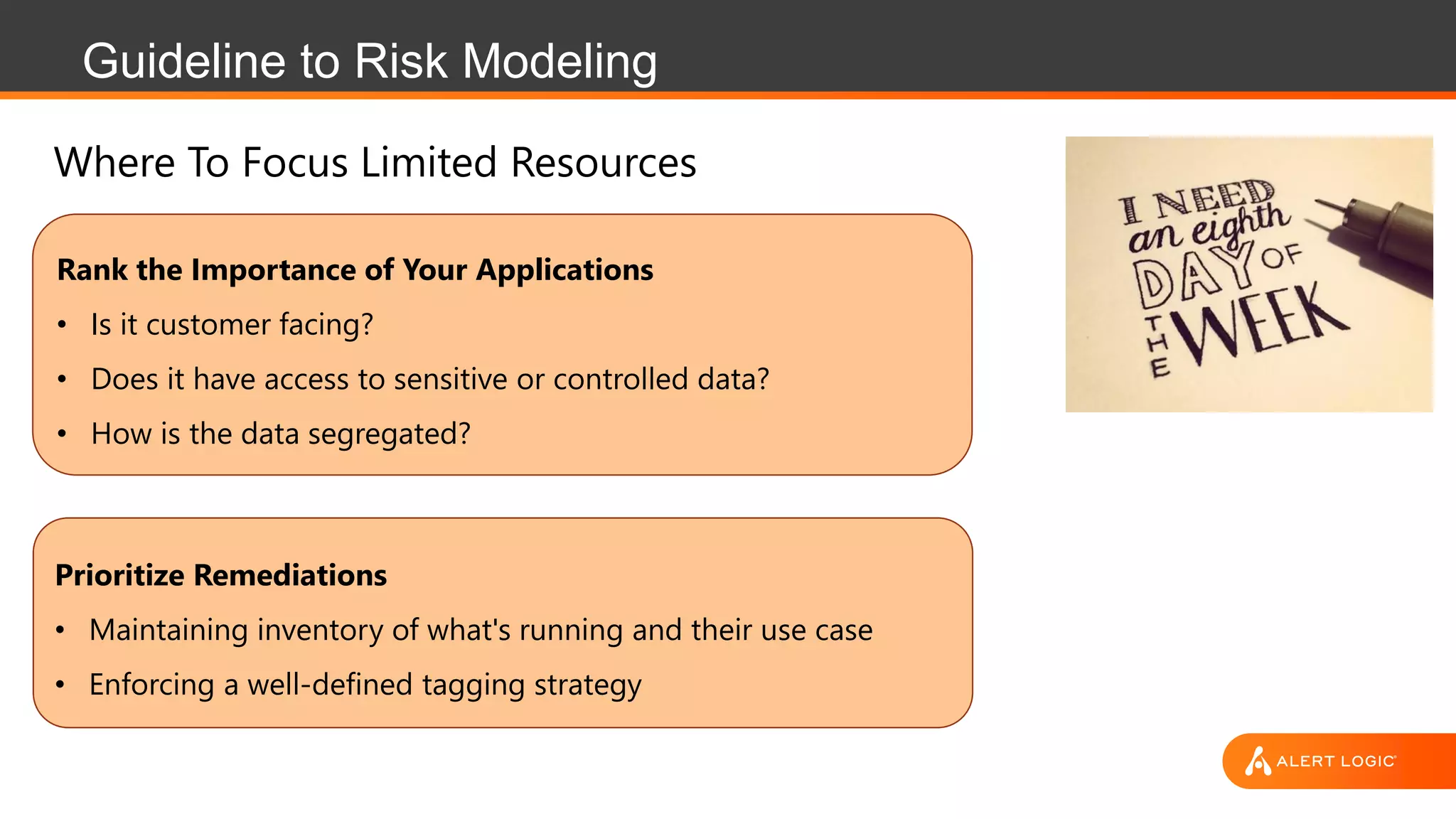 Guideline to Risk Modeling
Rank the Importance of Your Applications
• Is it customer facing?
• Does it have access to sensitive or controlled data?
• How is the data segregated?
Prioritize Remediations
• Maintaining inventory of what's running and their use case
• Enforcing a well-defined tagging strategy
Where To Focus Limited Resources
 