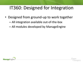 IT360: Designed for Integration
• Designed from ground-up to work together
  – All integration available out-of-the-box
  – All modules developed by ManageEngine
 