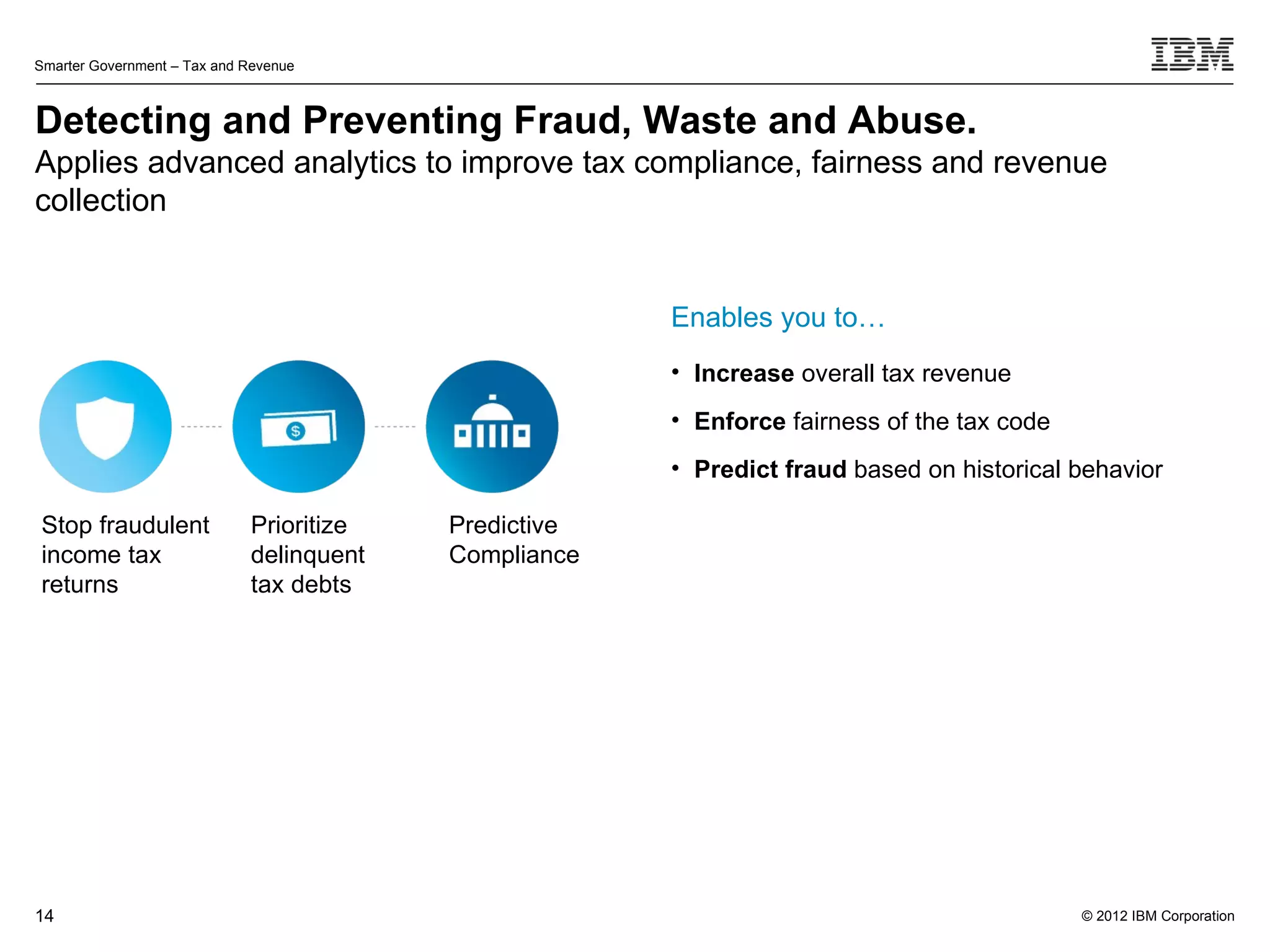 Smarter Government – Tax and Revenue



Detecting and Preventing Fraud, Waste and Abuse.
Applies advanced analytics to improve tax compliance, fairness and revenue
collection


                                                       Enables you to…
                                                       • Increase overall tax revenue
                                                       • Enforce fairness of the tax code
                                                       • Predict fraud based on historical behavior

Stop fraudulent              Prioritize   Predictive
income tax                   delinquent   Compliance
returns                      tax debts




14                                                                                          © 2012 IBM Corporation
 