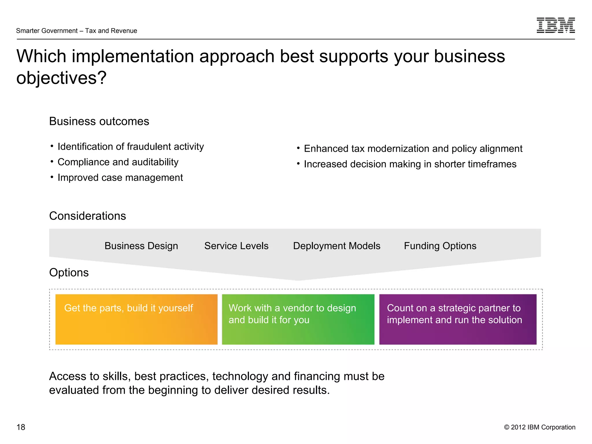 Smarter Government – Tax and Revenue



Which implementation approach best supports your business
objectives?

         Business outcomes

          • Identification of fraudulent activity                      • Enhanced tax modernization and policy alignment
          • Compliance and auditability                                • Increased decision making in shorter timeframes
          • Improved case management


         Considerations

                          Business Design           Service Levels     Deployment Models      Funding Options

         Options


              Get the parts, build it yourself           Work with a vendor to design      Count on a strategic partner to
                                                         and build it for you              implement and run the solution




         Access to skills, best practices, technology and financing must be
         evaluated from the beginning to deliver desired results.


18                                                                                                                   © 2012 IBM Corporation
 