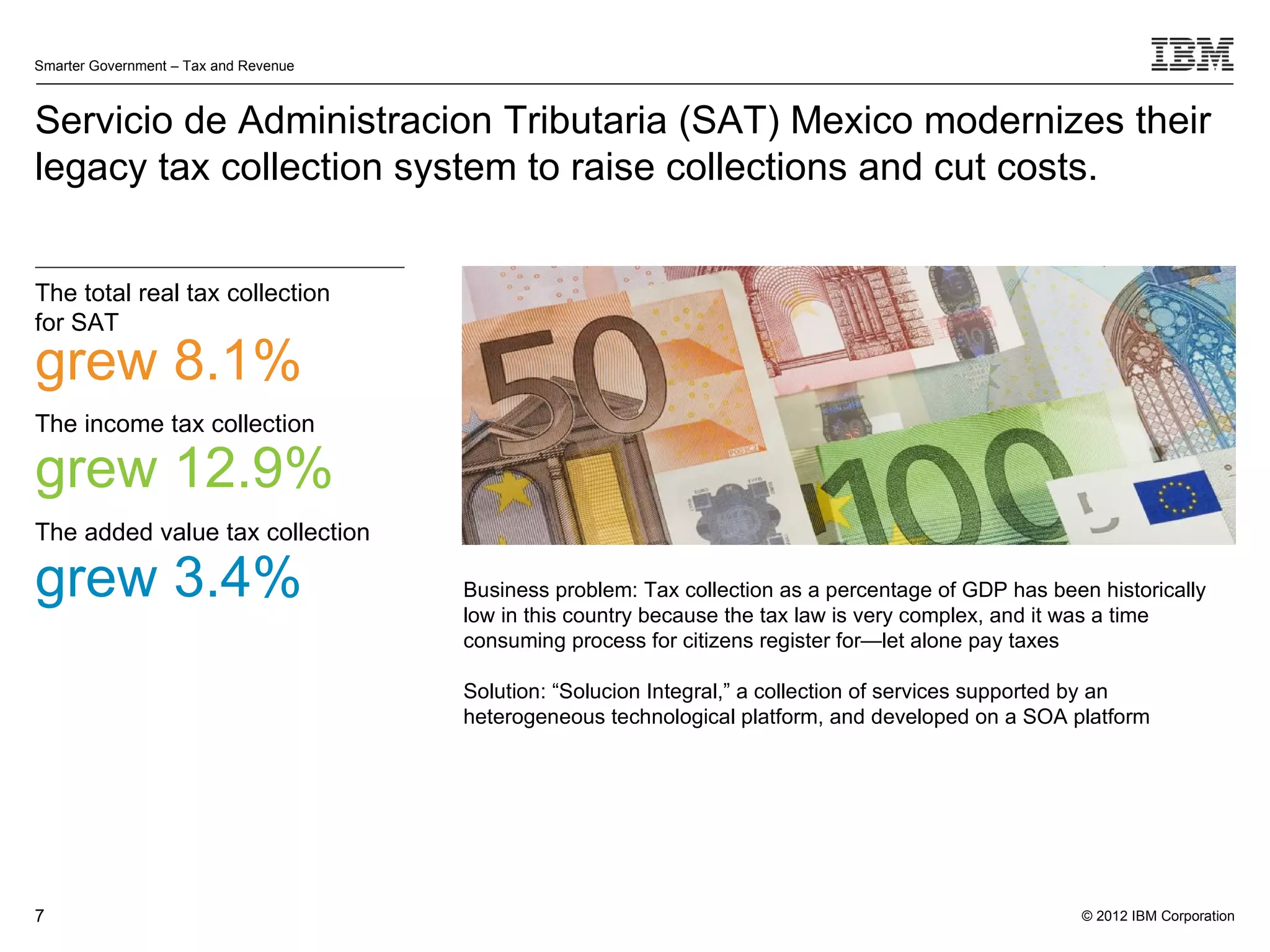 Smarter Government – Tax and Revenue



Servicio de Administracion Tributaria (SAT) Mexico modernizes their
legacy tax collection system to raise collections and cut costs.


The total real tax collection
for SAT
grew 8.1%
The income tax collection

grew 12.9%
The added value tax collection

grew 3.4%                              Business problem: Tax collection as a percentage of GDP has been historically
                                       low in this country because the tax law is very complex, and it was a time
                                       consuming process for citizens register for—let alone pay taxes

                                       Solution: “Solucion Integral,” a collection of services supported by an
                                       heterogeneous technological platform, and developed on a SOA platform




7                                                                                                      © 2012 IBM Corporation
 