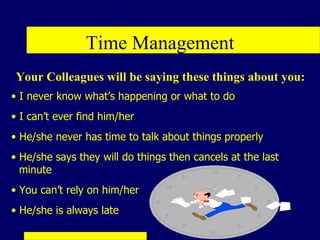 Time Management
 Your Colleagues will be saying these things about you:
• I never know what’s happening or what to do
• I can’t ever find him/her
• He/she never has time to talk about things properly
• He/she says they will do things then cancels at the last
  minute
• You can’t rely on him/her
• He/she is always late
 