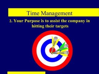 Time Management
2. Your Purpose is to assist the company in
           hitting their targets
 